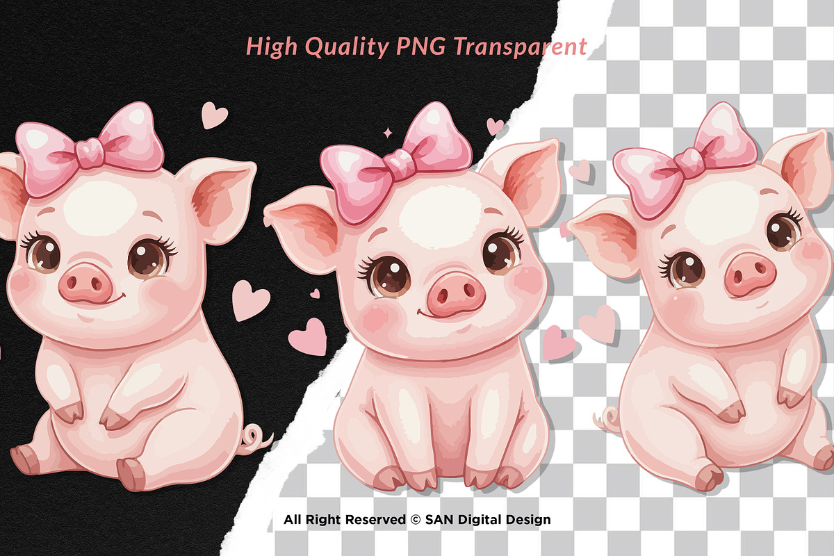 15 Bundle Watercolor Girl Pig Pink, an Animal Illustration by Morspective (Photo 2 of 8)