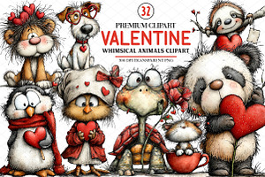 Whimsical Valentine Animals Clipart, an Illustration by cherrydesign