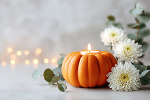 Festive pumpkin candle with flowers and greenery arranged for autumn ambiance, a Holiday Photo by AlyaAnd