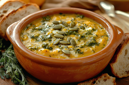 Pumpkin soup with cream and seeds, a Food & Drink Photo by AlyaAnd