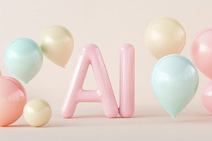 Pastel balloons surrounding AI letters on light background, suit, a Photo by Dvoevnore photos