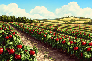 A thriving tomato field with rows, a Photo by Pavel_design