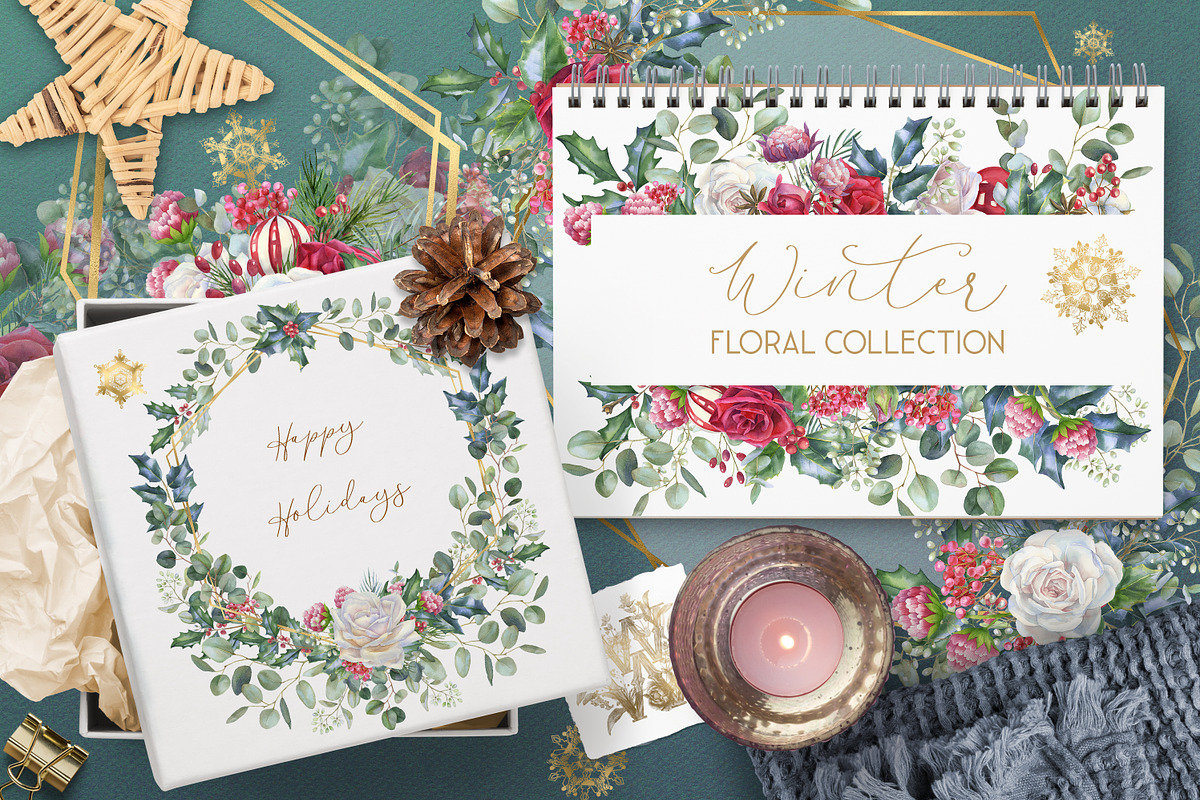 Watercolor floral Christmas pack, a Decorative Illustration by WonderWonder (Photo 12 of 20)