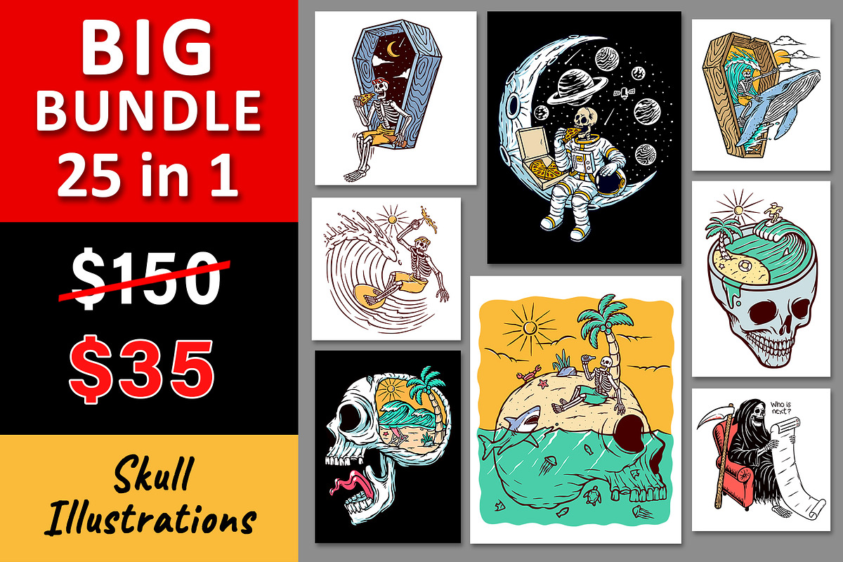 25 in 1 Bundle - Skull Illustrations, a Person Illustration by gunaonedesign (Photo 1 of 21)