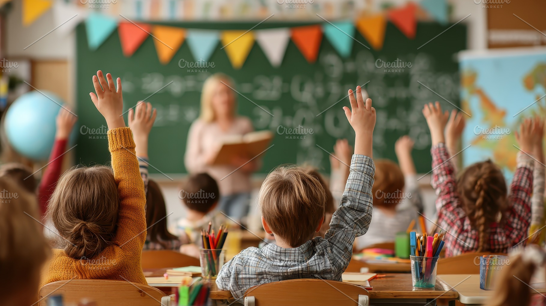 Students raising hands in class acti, a Photo by Pixeness Studio