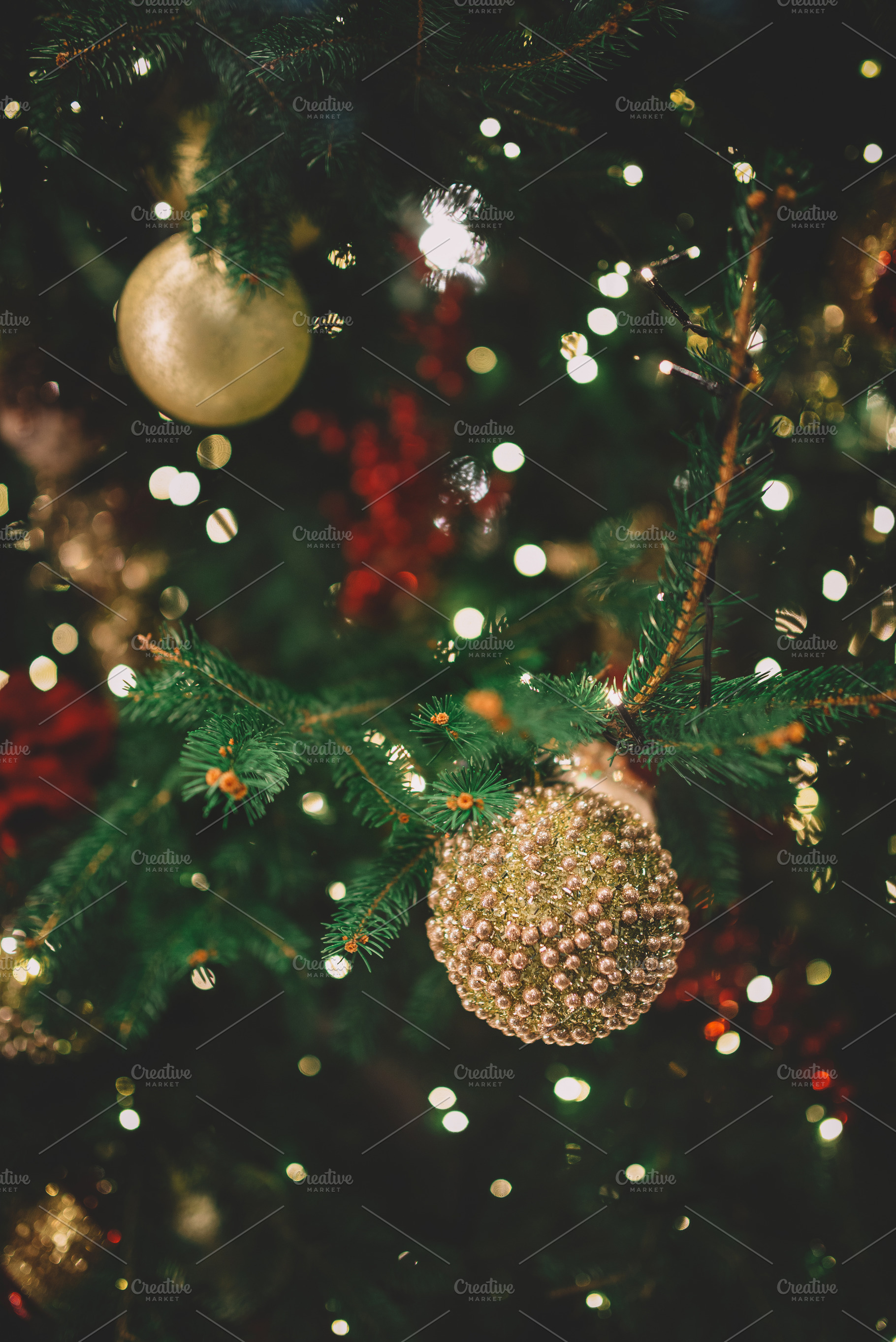 Decorated christmas tree closeup featuring abstract, background, and ball, a Holiday Photo by David Khelashvili