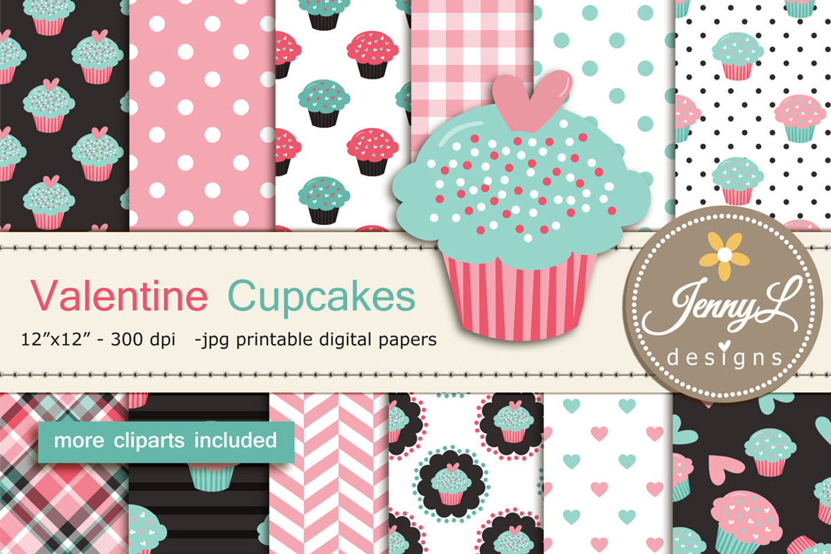Valentine Cupcakes Digital Papers, a Pattern Graphic by JennyL Designs
