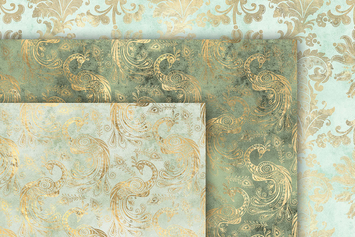Sage & Gold Peacock Digital Paper, a Pattern Graphic by Digital Curio