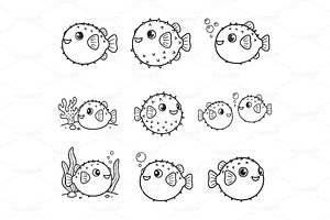 Set of cartoon pufferfish., an Animal Illustration by yod67