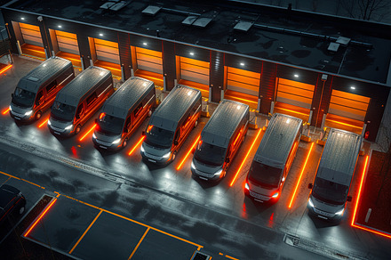Above view of row of bus cargo trucks parked in a warehouse in n, a Transportation Photo by AS photostudio