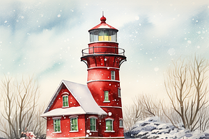 Watercolor Snowy Lighthouse