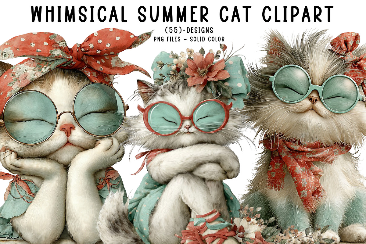 Whimsical Summer Cat Clipart, an Illustration by CreationArt (Photo 1 of 7)