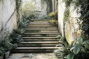 Greenery surrounds old steps, a Photo by Beautiful things
