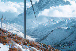 A serene landscape featuring a wind turbine in the foreground, surrounded by sn, an Industrial Photo by Textures & Backgrounds