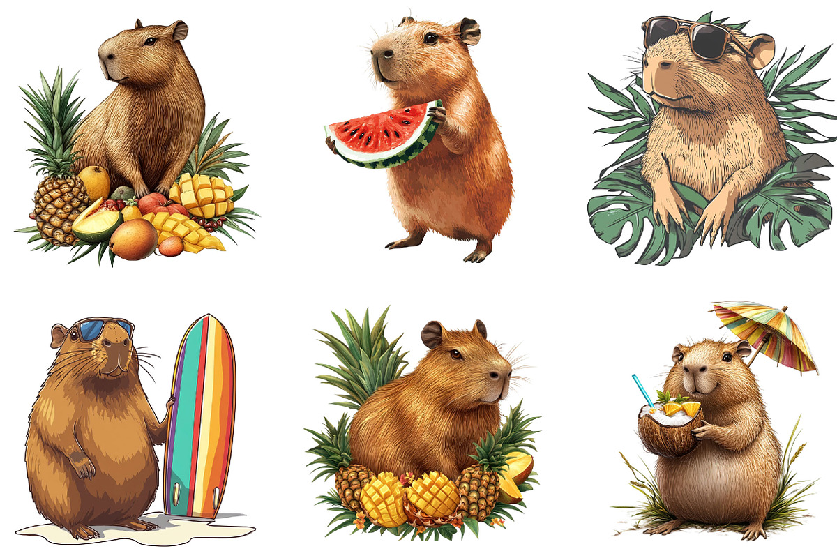 Summer Capybara Clipart Set PNG, an Illustration by Designking (Photo 4 of 5)