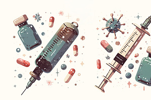Illustration depicting syringes, vials, and medical capsules with a virus theme, an Illustration by AS photostudio