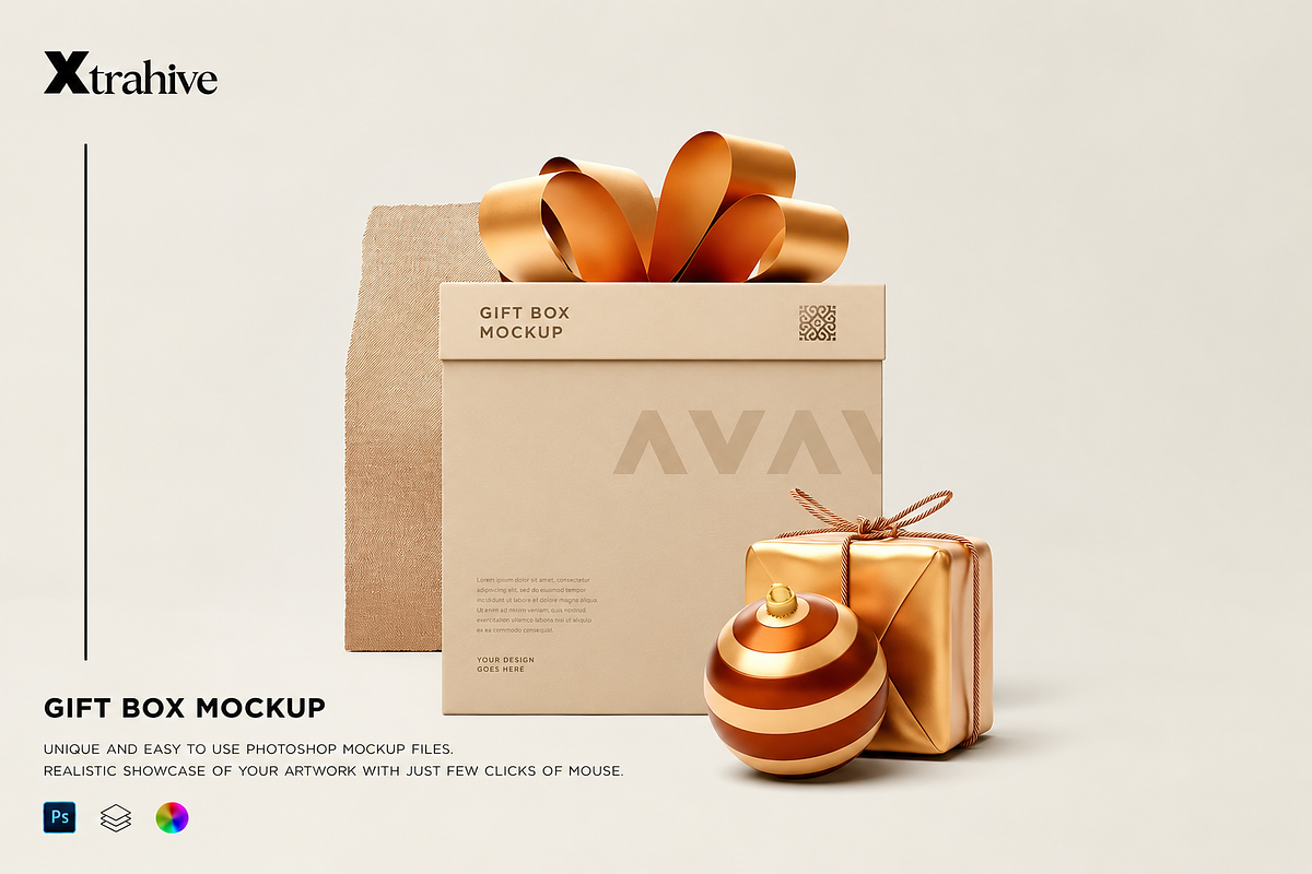 Gift Box Mockup, a Packaging Mockup by Xtrahive (Photo 1 of 3)
