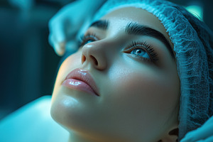 A close-up of a young esthetic technologist woman with flawless skin and long e, a Person Photo by Textures & Backgrounds