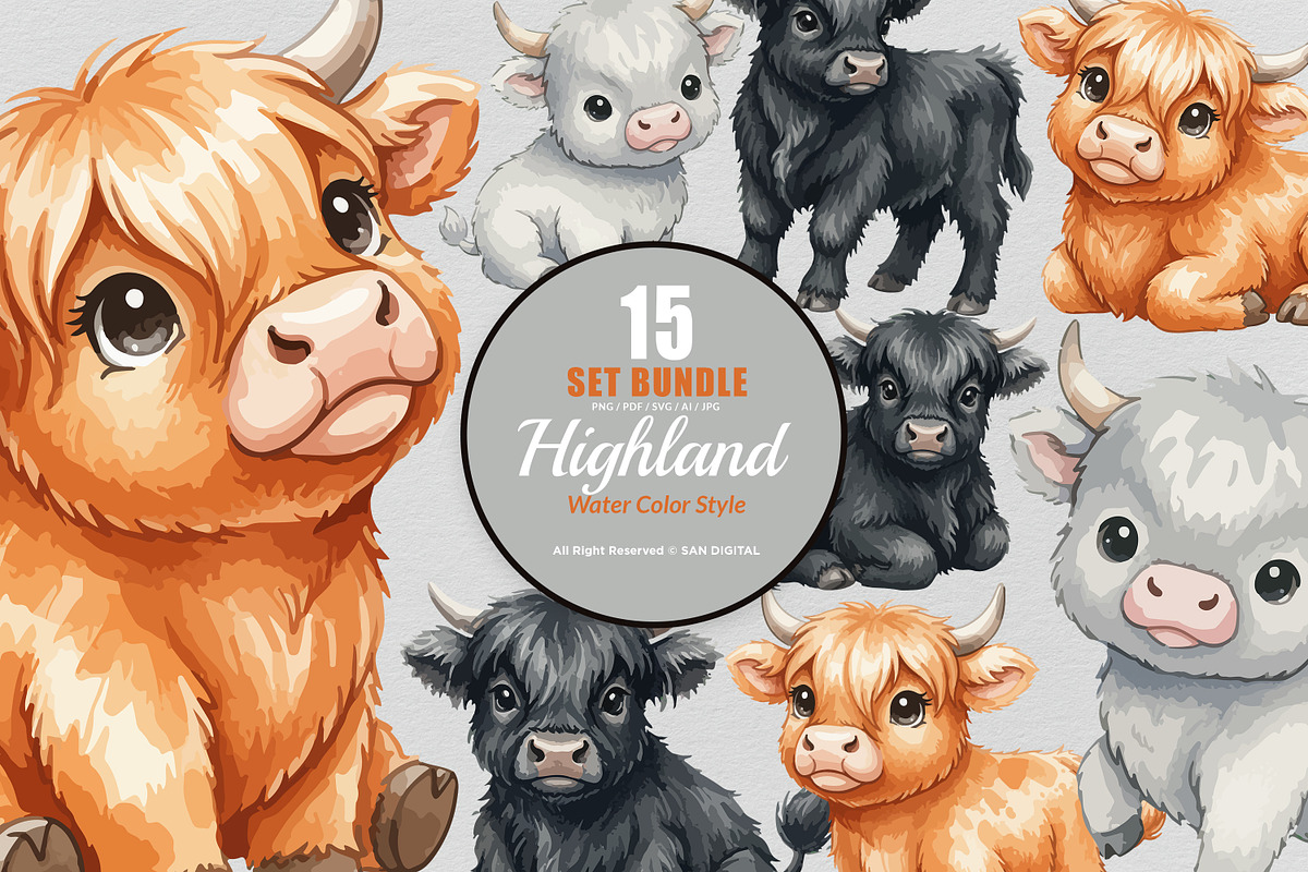 15 Bundle Watercolor Highland Bufalo, an Animal Illustration by Morspective (Photo 1 of 8)