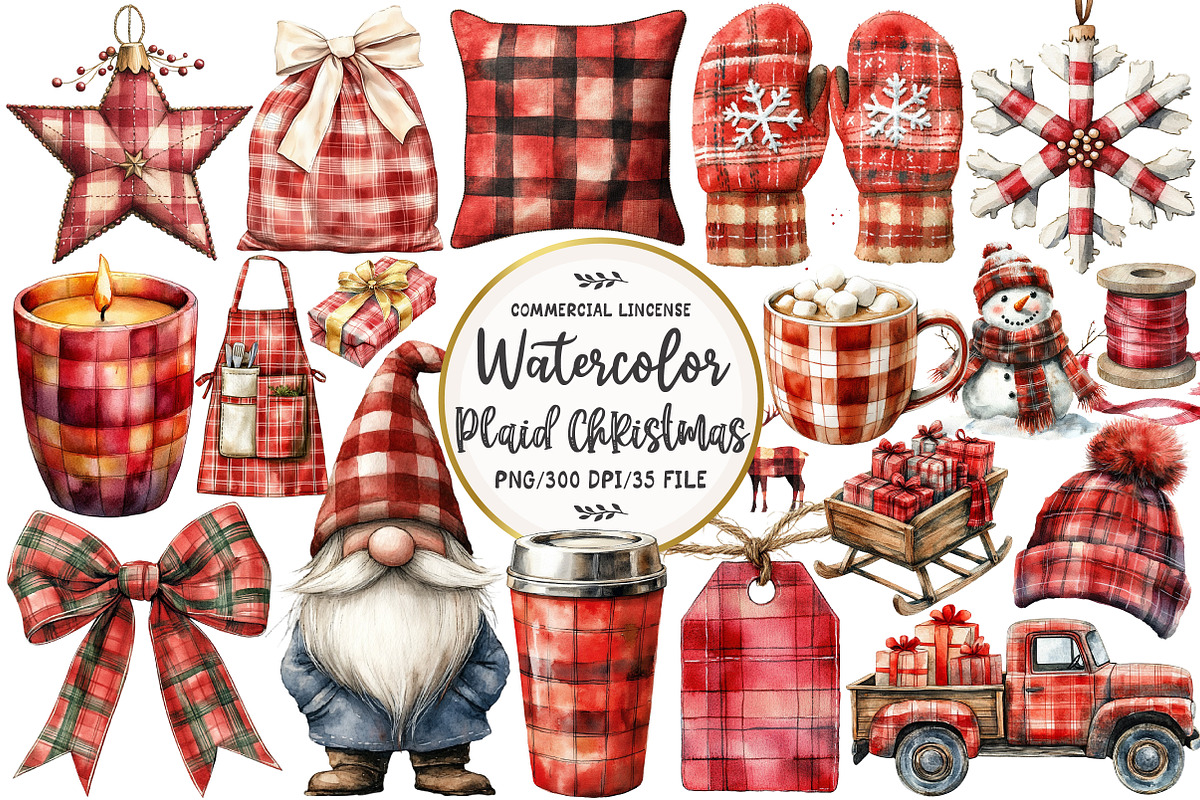 Plaid Christmas Watercolor Clipart, an Illustration by OK Design (Photo 1 of 5)