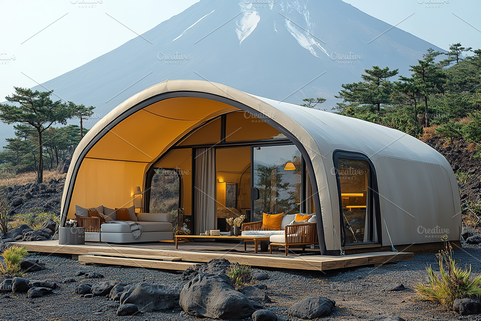 Modern glamping on the background of volcano slope, an Architecture Photo by AlyaAnd