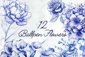 12 Ballpen Flower Illustrations PNG