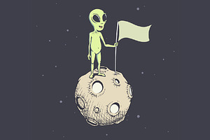 Alien On Moon With Flag