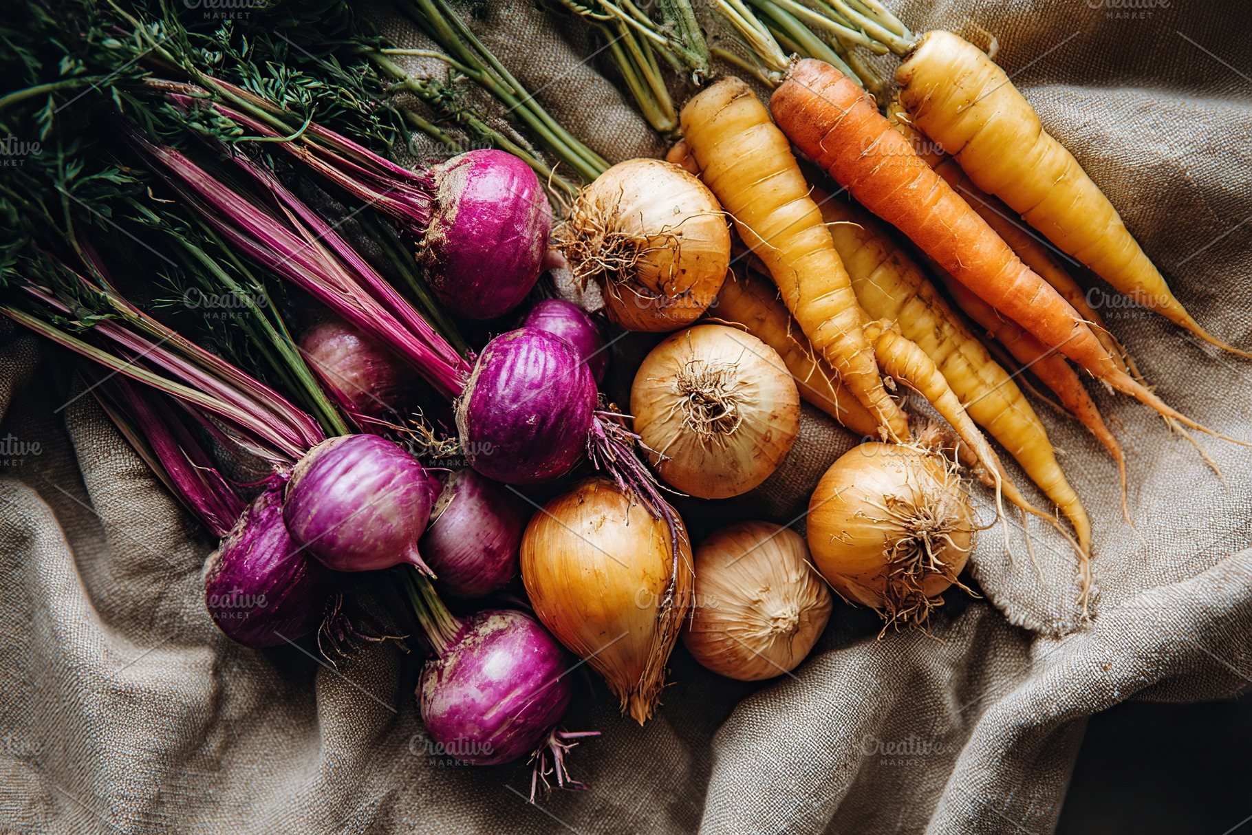 Fresh harvested farm vegetables and herbs displayed on a linen cloth, a Food & Drink Photo by AlyaAnd
