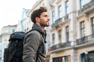 Handsome man tourist in fashion clothes and backpack, a Photo by AlyaAnd
