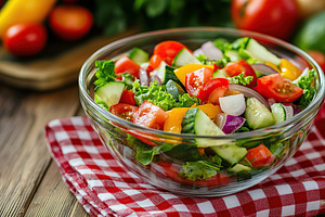 Fresh salad with vegetables in bowl, organic healthy food, a Food & Drink Photo by AlyaAnd