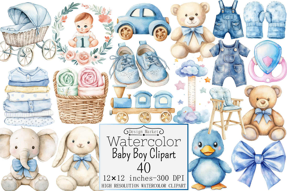 Watercolor Baby Boy Clipart, a Seasonal Illustration by Design Market (Photo 1 of 5)
