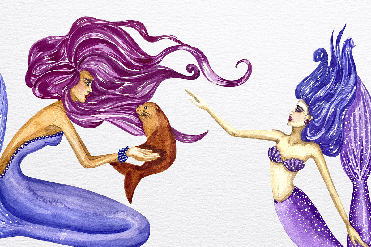 Watercolor beautiful mermaid clipart, an Animal Illustration by Fresh art by Larysa (Photo 5 of 6)