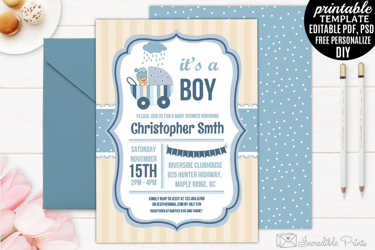 Boy Baby Shower Invitation Template, an Invitation Template by Blush Roses Print (Photo 1 of 2)