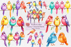 Funny Colorful Birds Watercolor Png, an Illustration by Creative Art