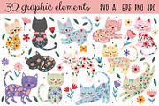 Floral cat clipart and pattern, an Illustration by NataKa (Thumbnail 2 of 9)
