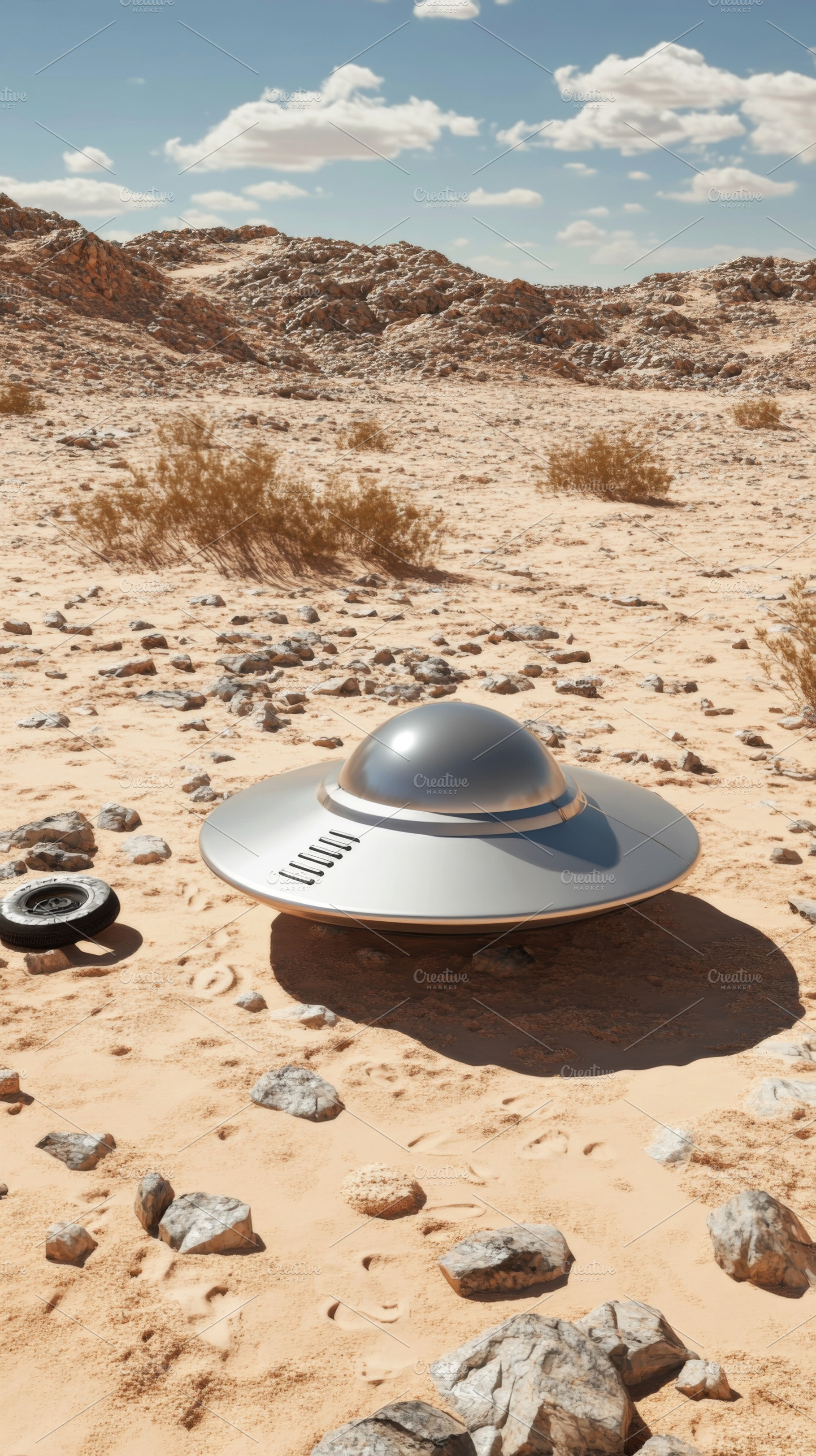 UFO landed in desert landscape with, a Photo by Dvoevnore photos