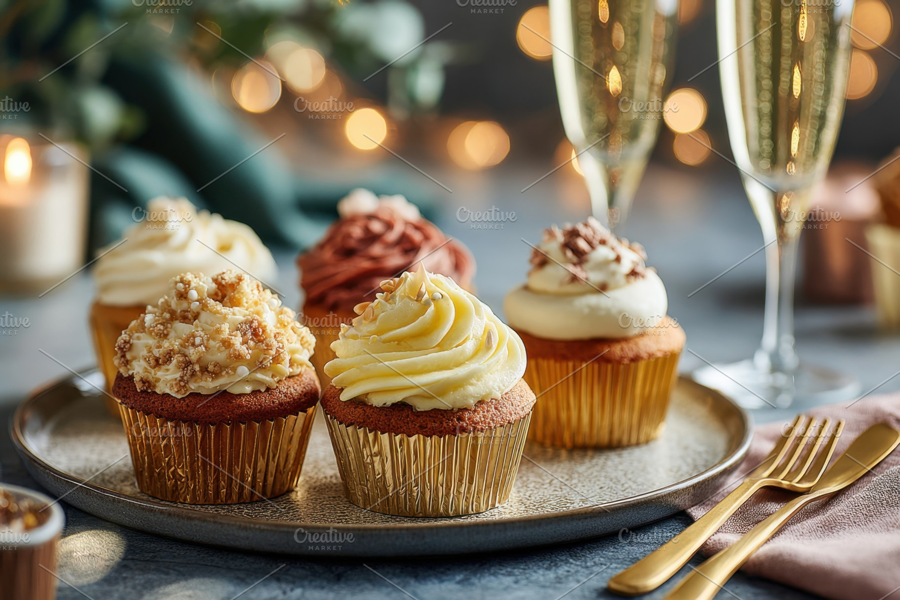 Festive cupcakes decorated for christmas holiday on blurred lights background, a Food & Drink Photo by AlyaAnd