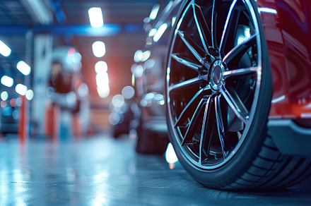Car wheel with new tire on blurred garage background, a Transportation Photo by AlyaAnd
