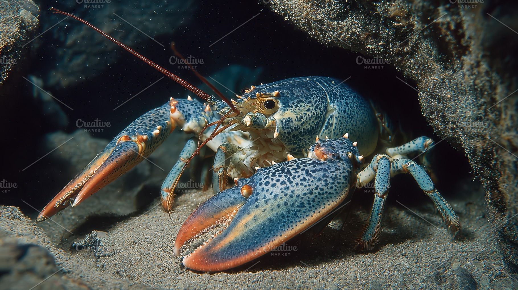 Blue Lobster in Underwater Cave Dark, a Photo by Pixeness Studio