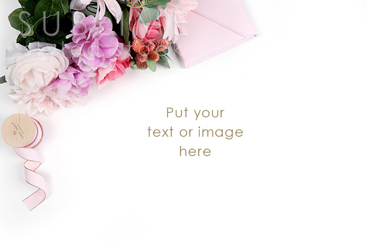 Spring flowers on white background, a Pens & Pencil Mockup by SUBLIME Styled Stock