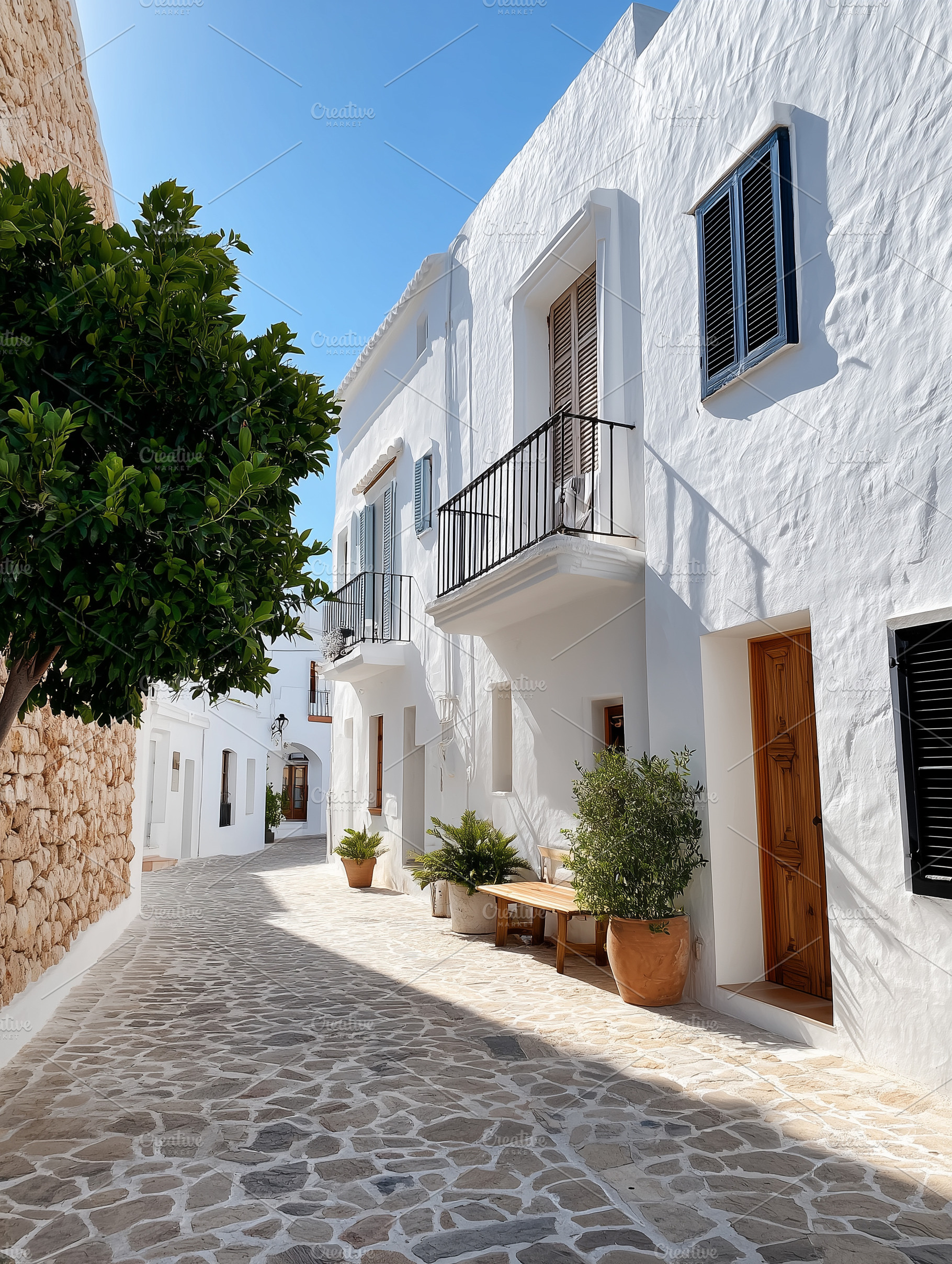 Sunlit narrow Mediterranean street, an Architecture Photo by MistyDay
