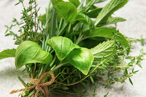 Fresh herbs tied together with twine on gray table with scissors, a Food & Drink Photo by Olena Rudo