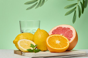Grapefruit, orange and empty glass on green background, a Food & Drink Photo by ndanko