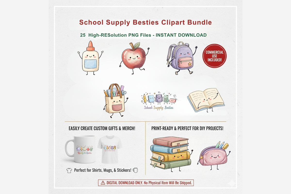 School Supply Besties Clipart Bundle, a Seasonal Illustration by Tanya Kart (Photo 9 of 10)