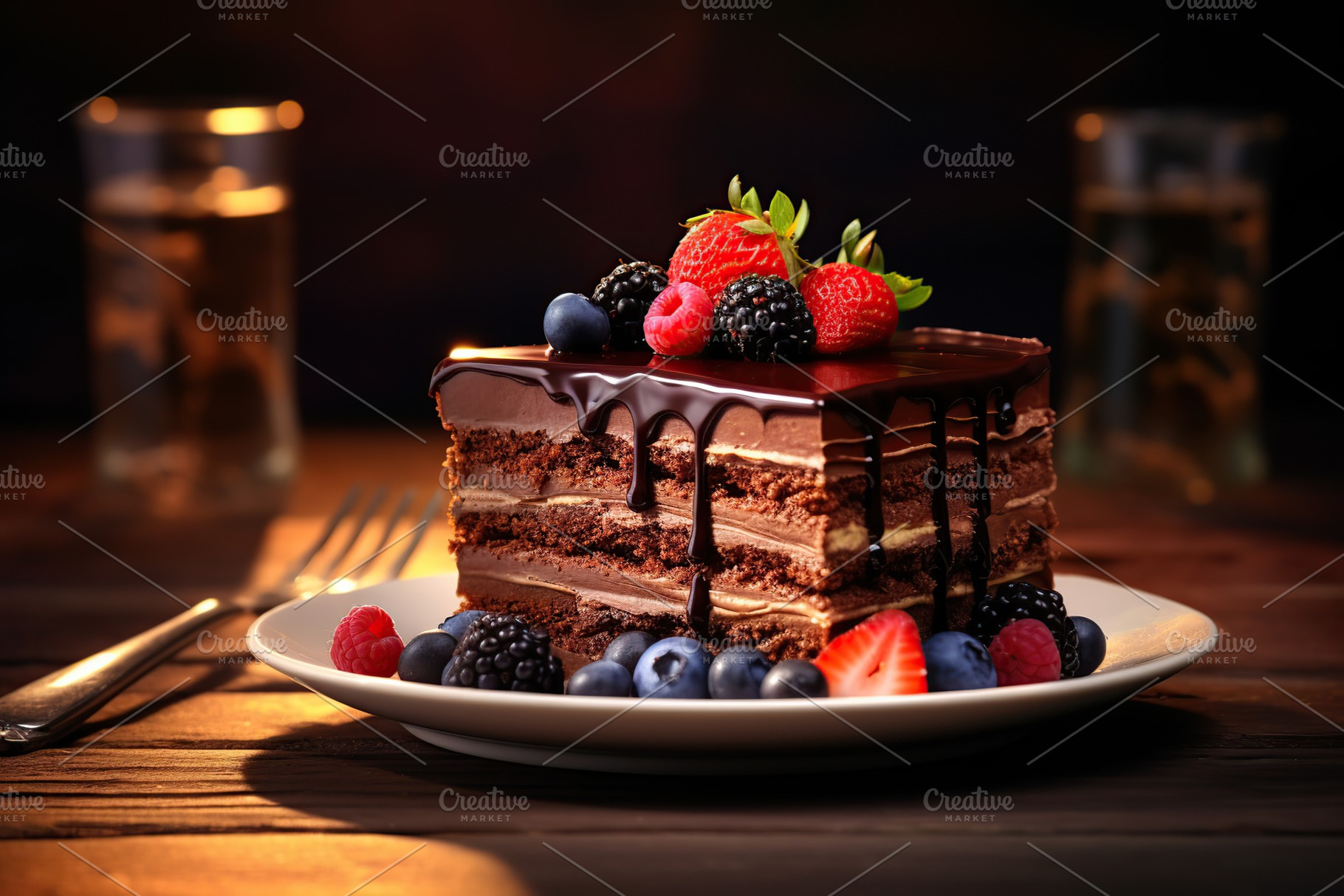 Piece of chocolate cake with fresh berries on brown wooden table, a Food & Drink Photo by AlyaAnd