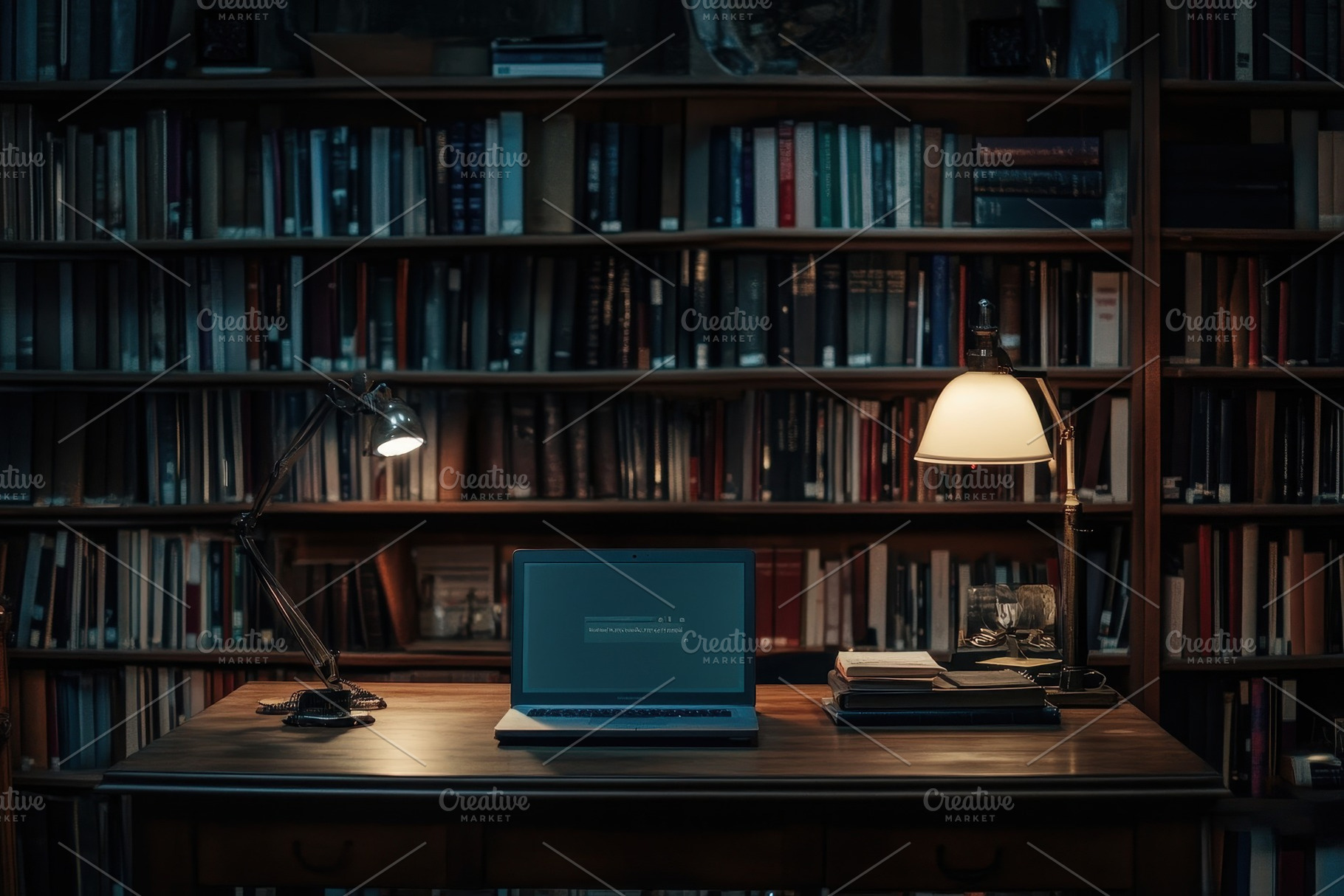 library desk features books & laptop, a Photo by Pavel_design