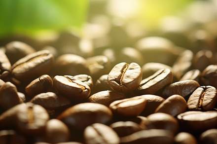 Close up of roasted coffee beans with a warm backlight backgroun, a Photo by Dvoevnore photos