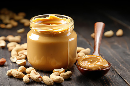 Glass jar with peanut butter on wooden background, a Food & Drink Photo by AlyaAnd
