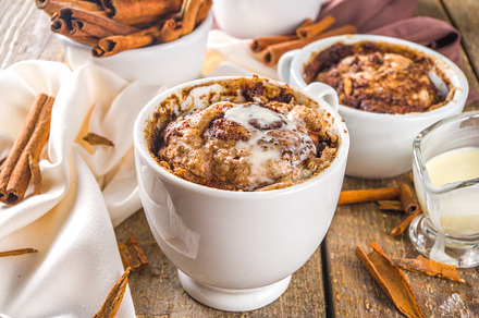 Cinnabon cake in mug containing cinnabon, cinnamon roll, and cinnamon, a Food & Drink Photo by Rimma