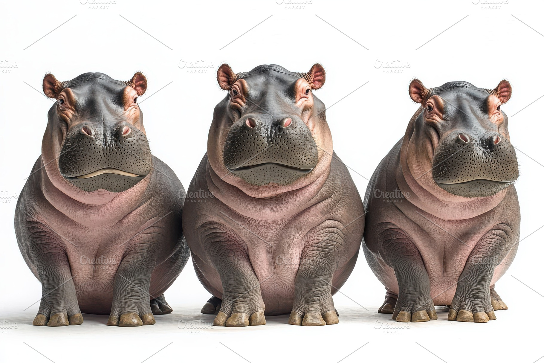 Three hippos sitting together cute a, a Photo by Pixeness Studio